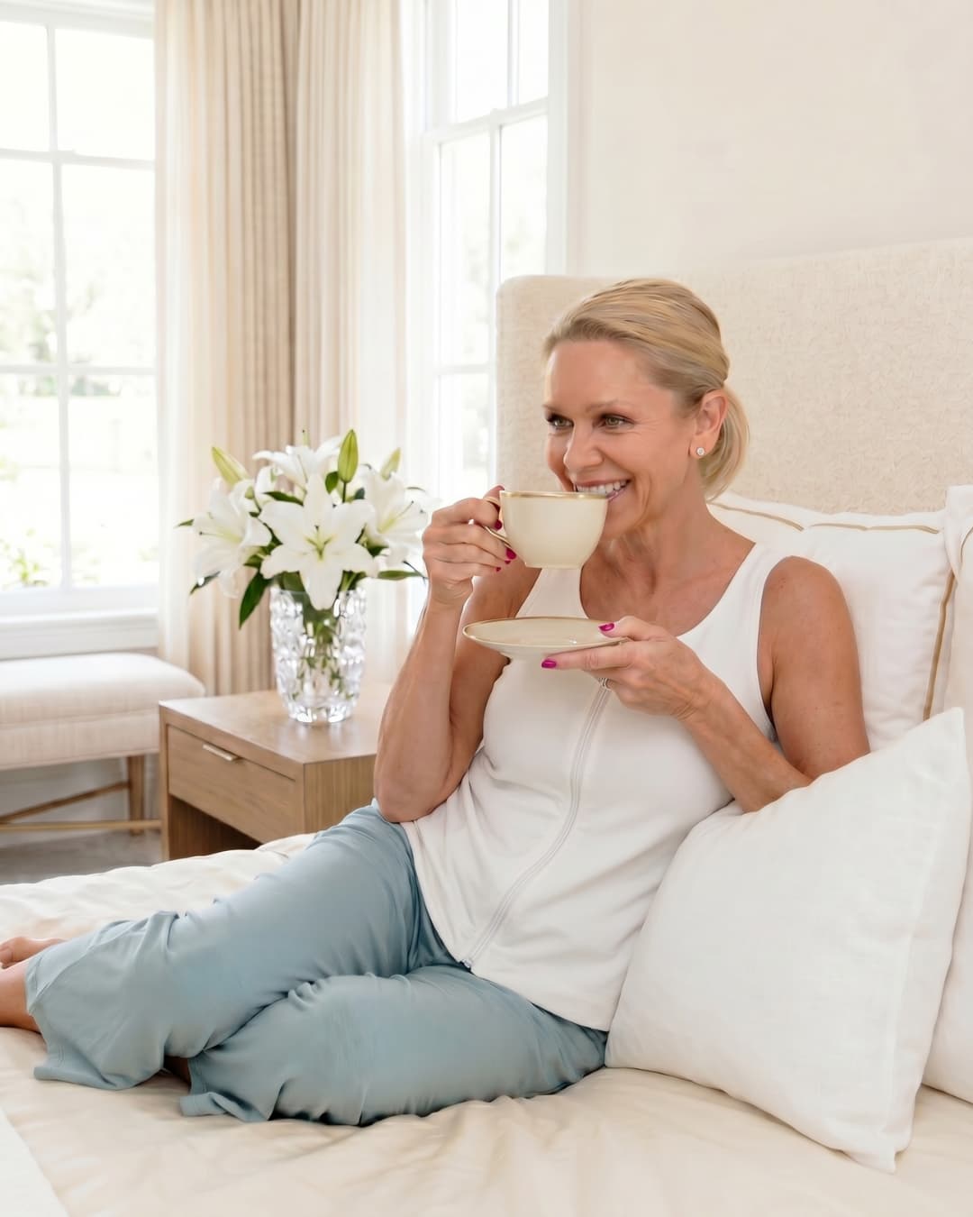 Woman wearing a white zipper front opening tank top sitting on a couch holding a cup of coffee in a bright living room.