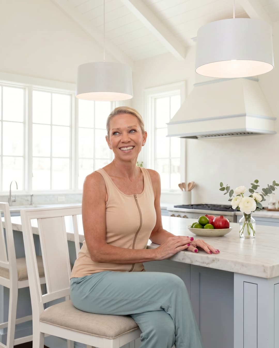Woman wearing a beige zipper front opening tank top sitting at a kitchen counter with a bright and airy kitchen in the background