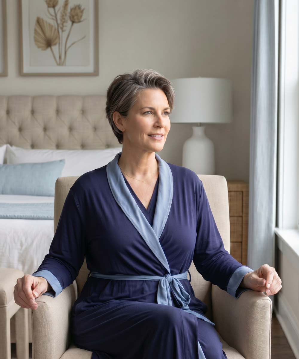 Woman sitting in a blue recovery robe with interior pockets in a blue and beige toned bedroom as she sits on a chair looking out a window post surgery