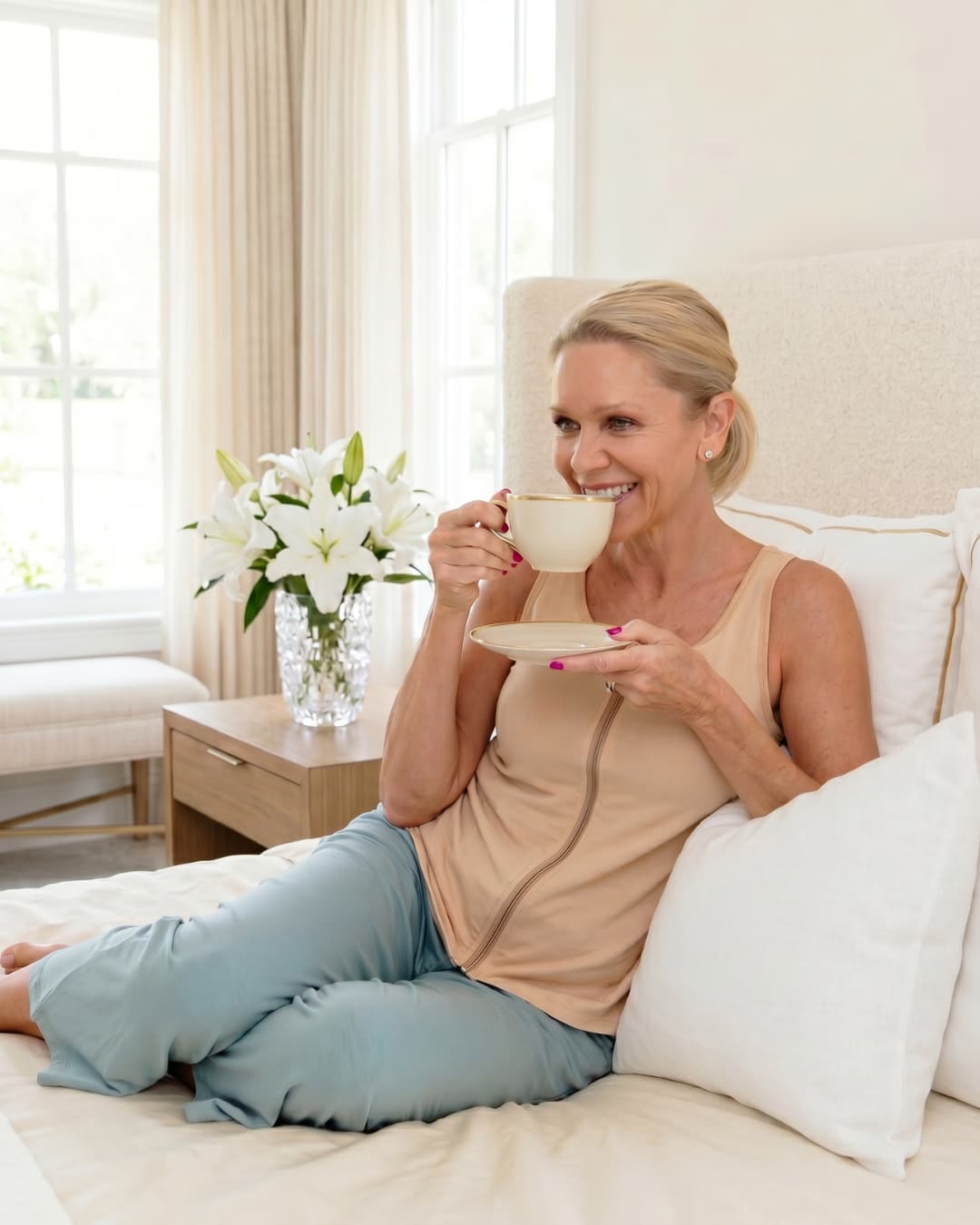 Woman wearing a camel zipper front opening tank top sitting on a couch holding a cup of coffee in a bright living room.