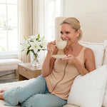 Woman wearing a camel zipper front opening tank top sitting on a couch holding a cup of coffee in a bright living room.