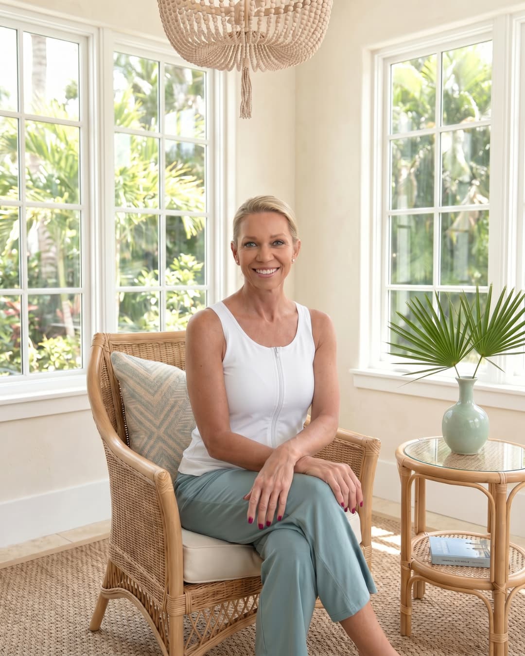 Woman sitting in a wicker chair in a bright room with large windows and plants. Woman is wearing a white zipper front opening tank top 