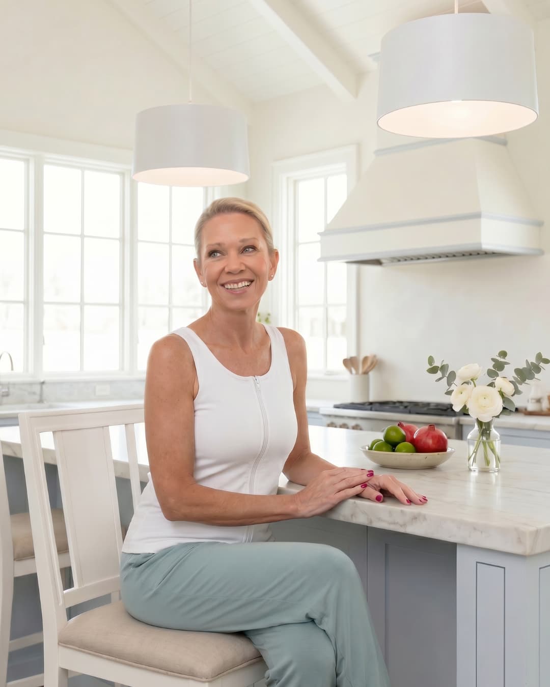Woman wearing a white zipper front opening tank top sitting at a kitchen counter with a bright and airy kitchen setting