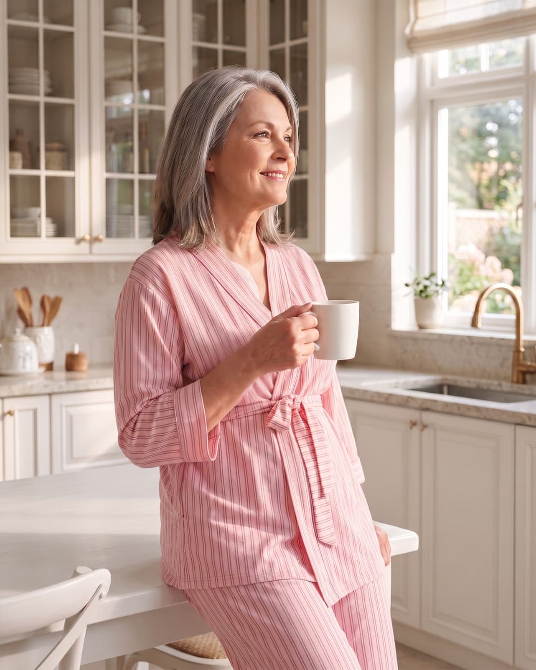 woman wearing a pink striped recovery pajamas set in a bright kitchen drinking coffee