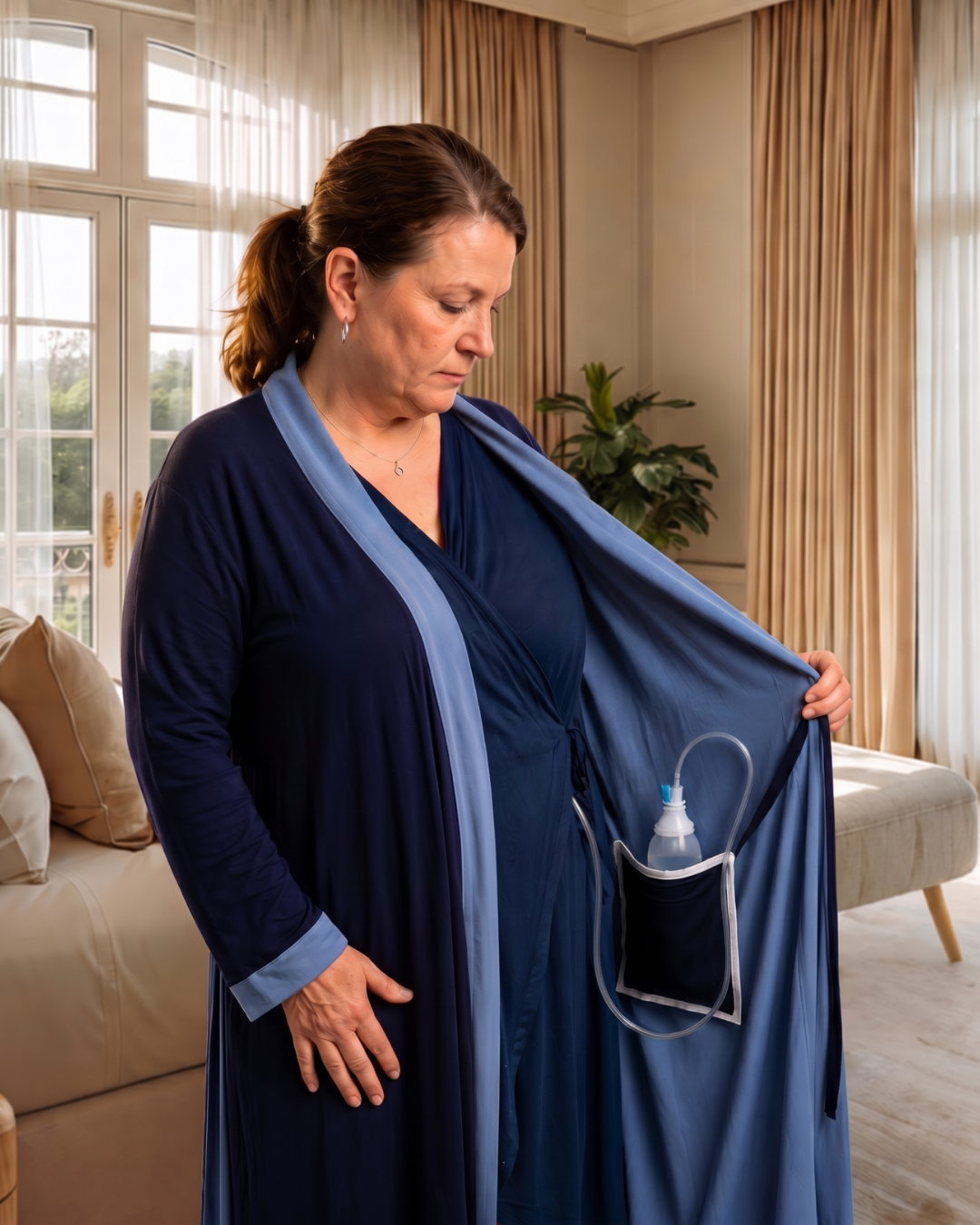 navy recovery robe highlighting the interior drain pocket with tubing against a modern bedroom background