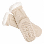 Pair of beige knitted socks with white cuffs and toes on a white background