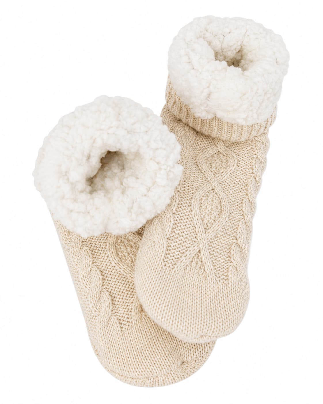 Oatmeal-beige cable knitted socks with fleece lining insides on a white background