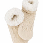 Oatmeal-beige cable knitted socks with fleece lining insides on a white background