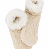 Oatmeal-beige cable knitted socks with fleece lining insides on a white background