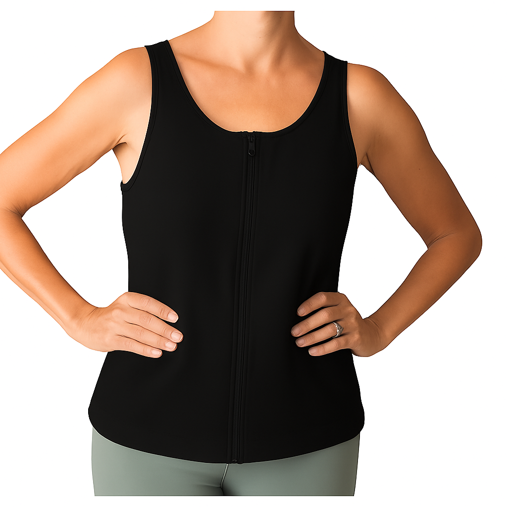 Person wearing a black tank top with zipper front opening on a white background