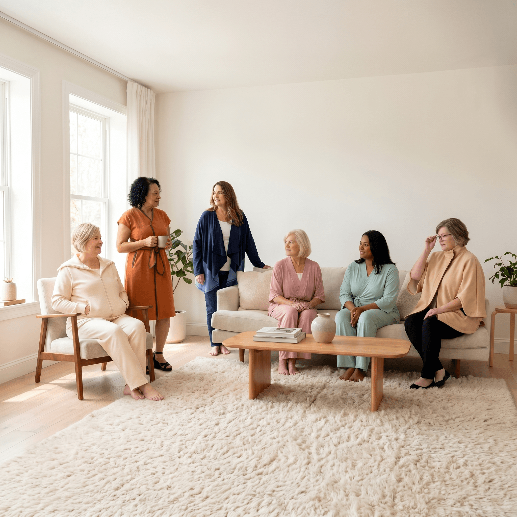 For Women By Women, a cluster of woman in a living room engaging with one another wearing different recovery outfits 