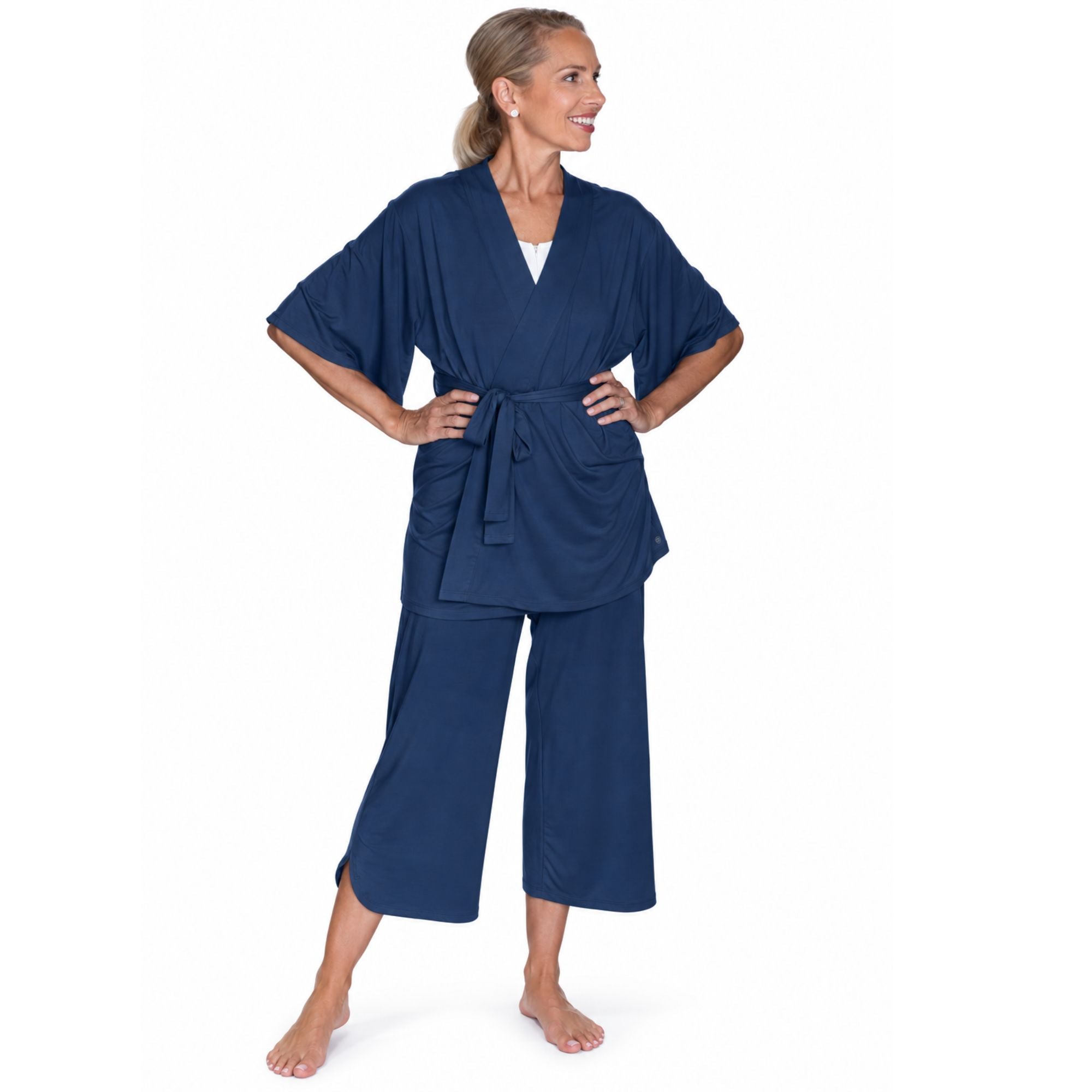 Full frontal short sleeve pajamas in navy against a whitebackground