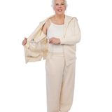 Mastectomy Recovery Set with zipper open to display drain pockets inside