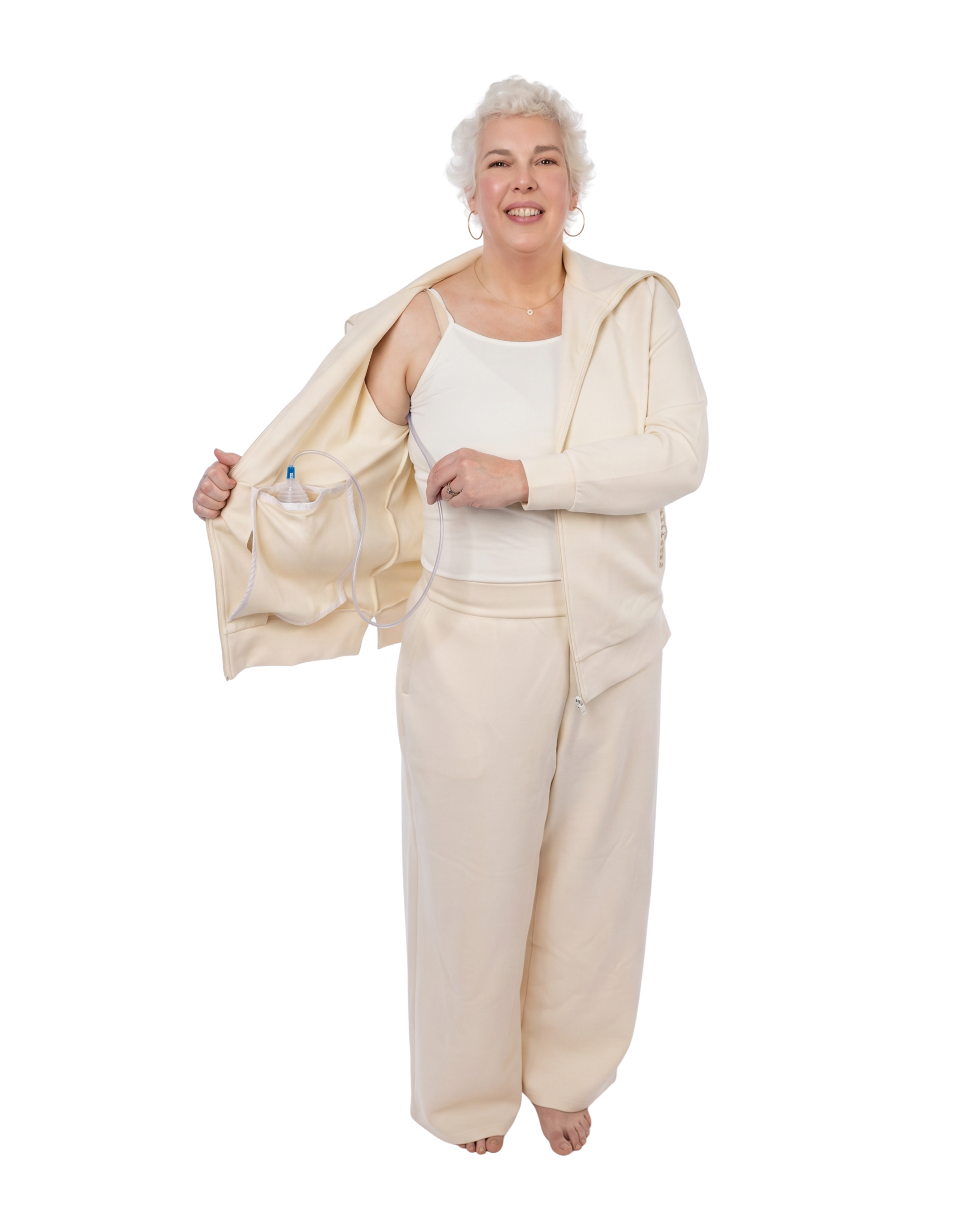 Mastectomy Recovery Set with zipper open to display drain pockets inside