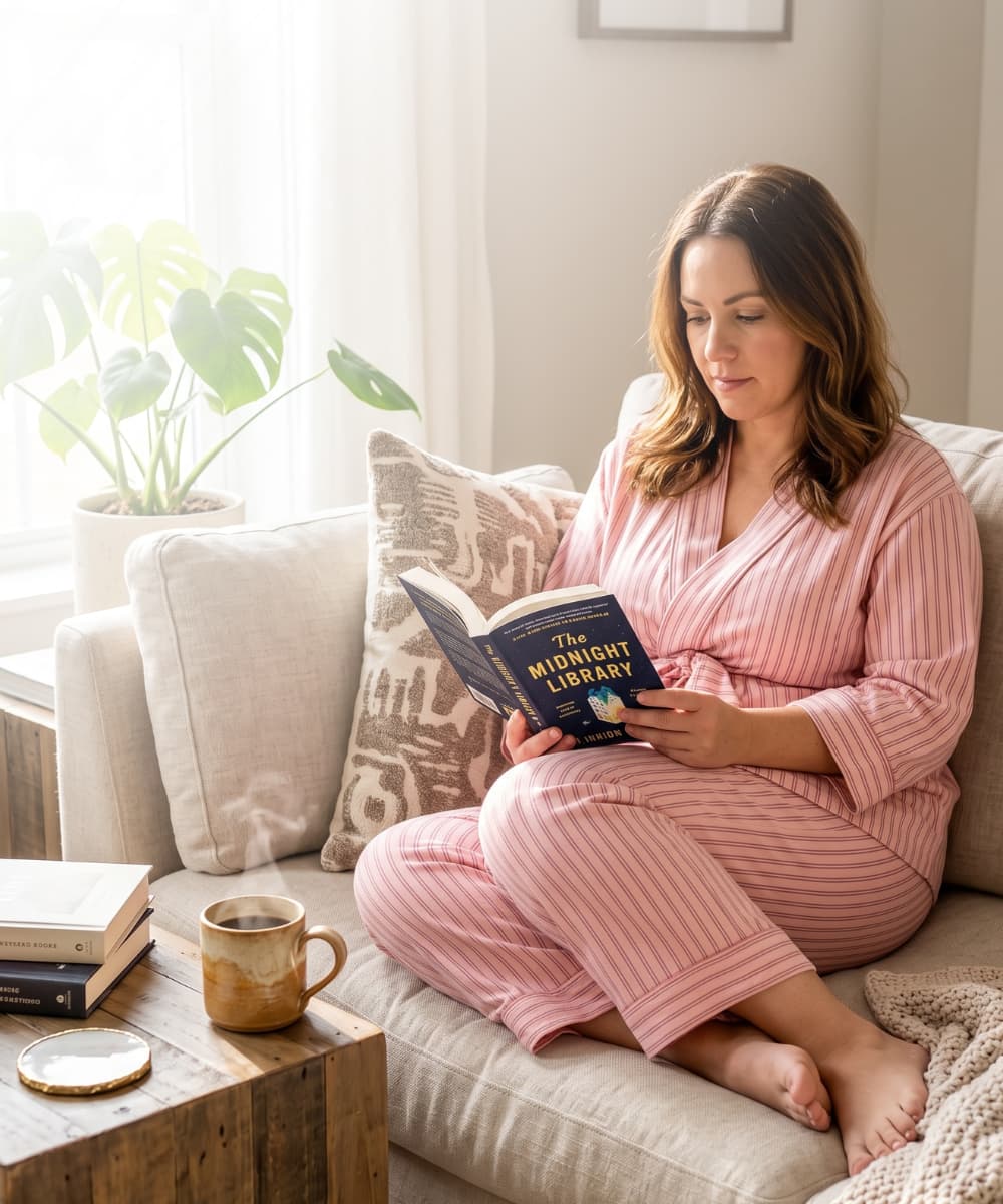 woman wearing pink striped recovery pajamas sitting on a couch reading a book