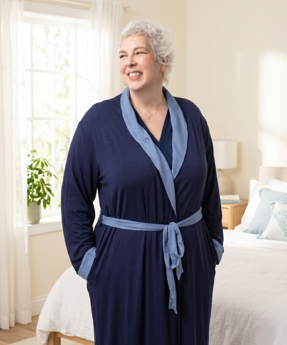 Blue recovery robe in a light bedroom