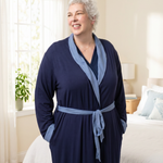 Blue recovery robe in a light bedroom