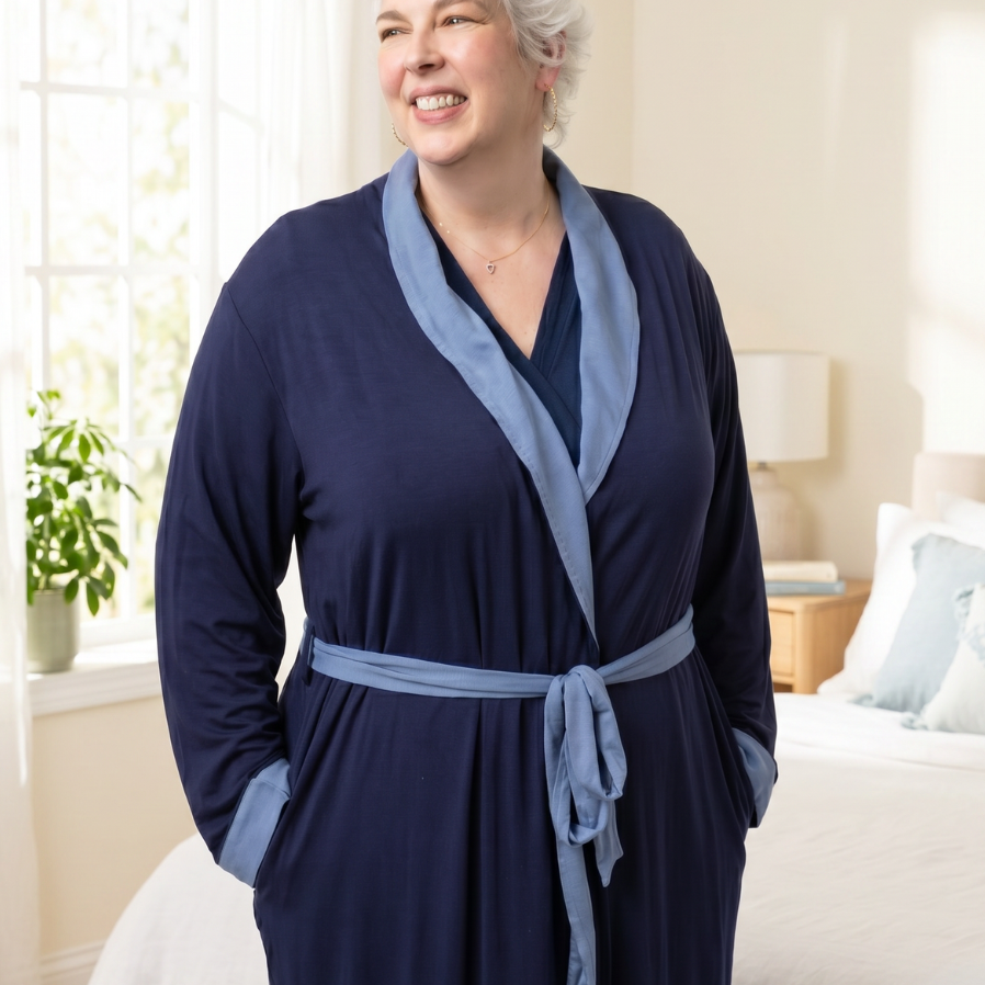 Blue recovery robe in a light bedroom