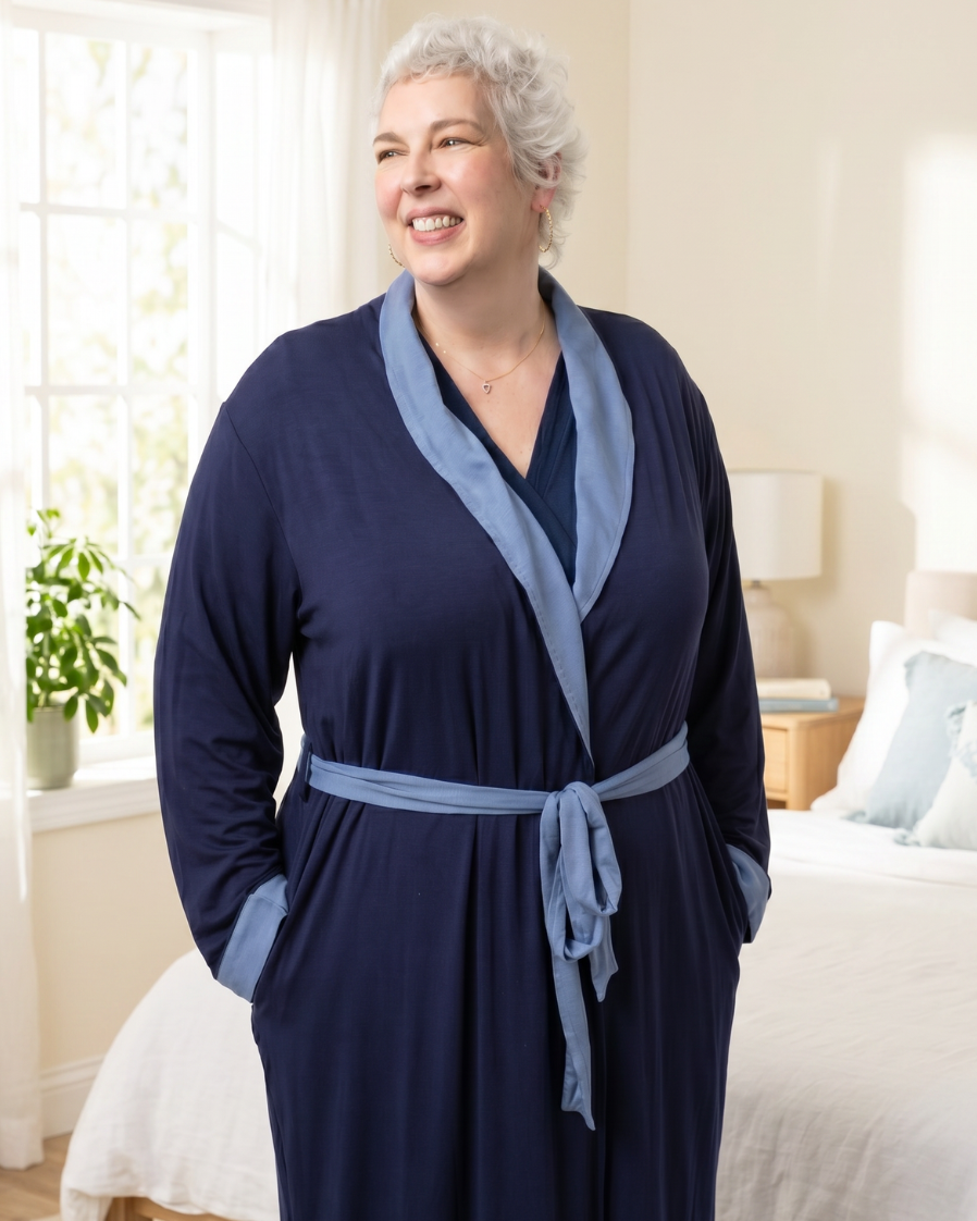 Blue recovery robe in a light bedroom