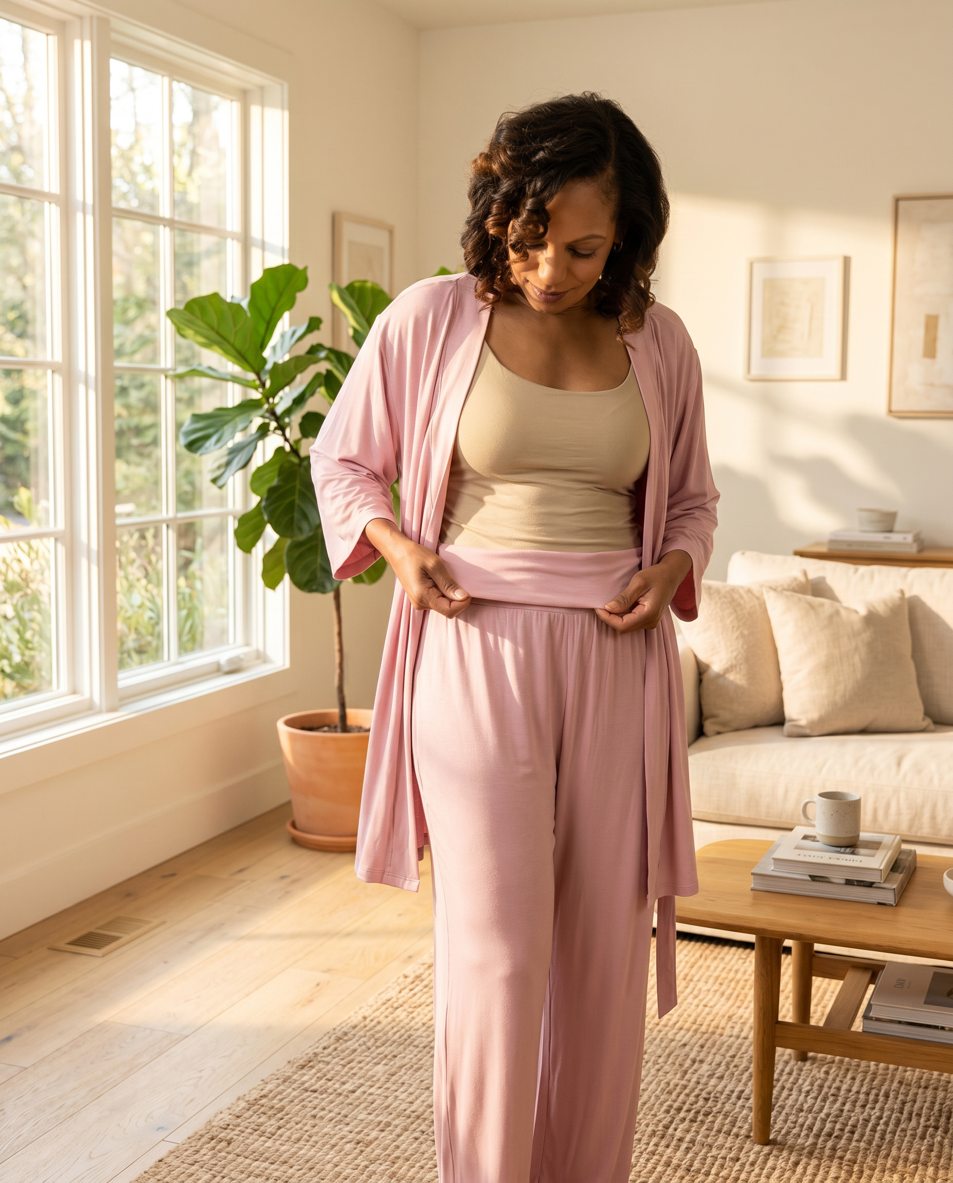 woman recovering from surgery in a pink post surgery pajamas set showing the adaptive pants that have a fold-over waistband