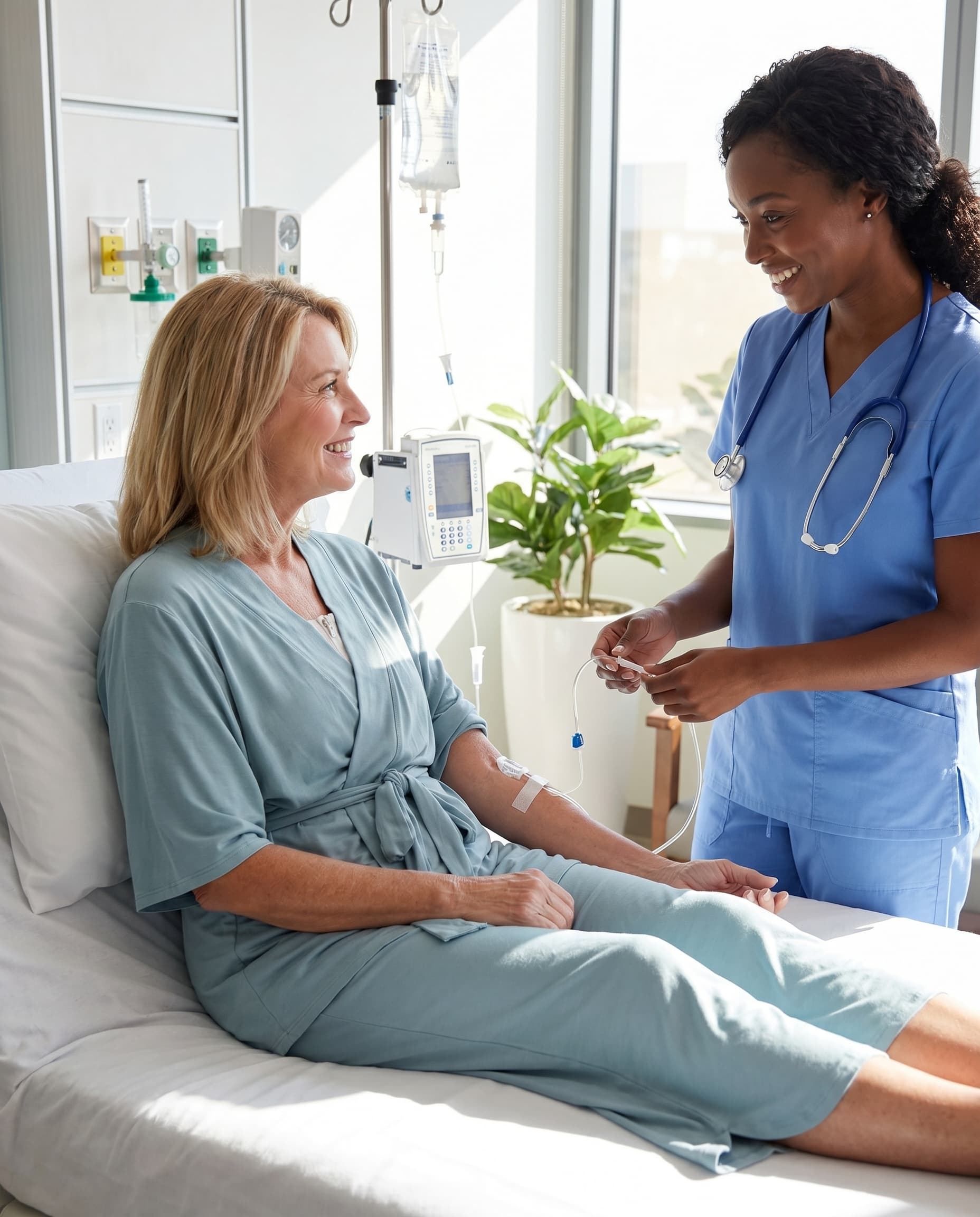 woman wearing sage green recovery pajamas with short sleeves in a clinical room with an IV