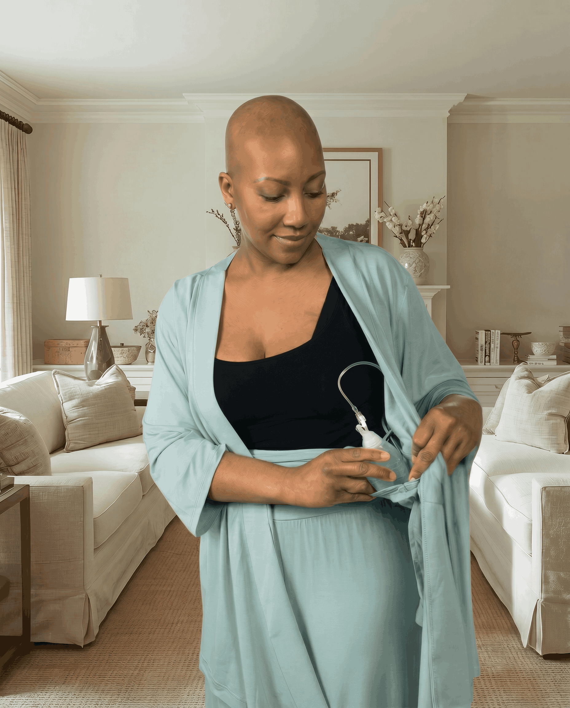 Woman wearing the sage green recovery pajamas showcasing the interior drain pocket of the pajamas top