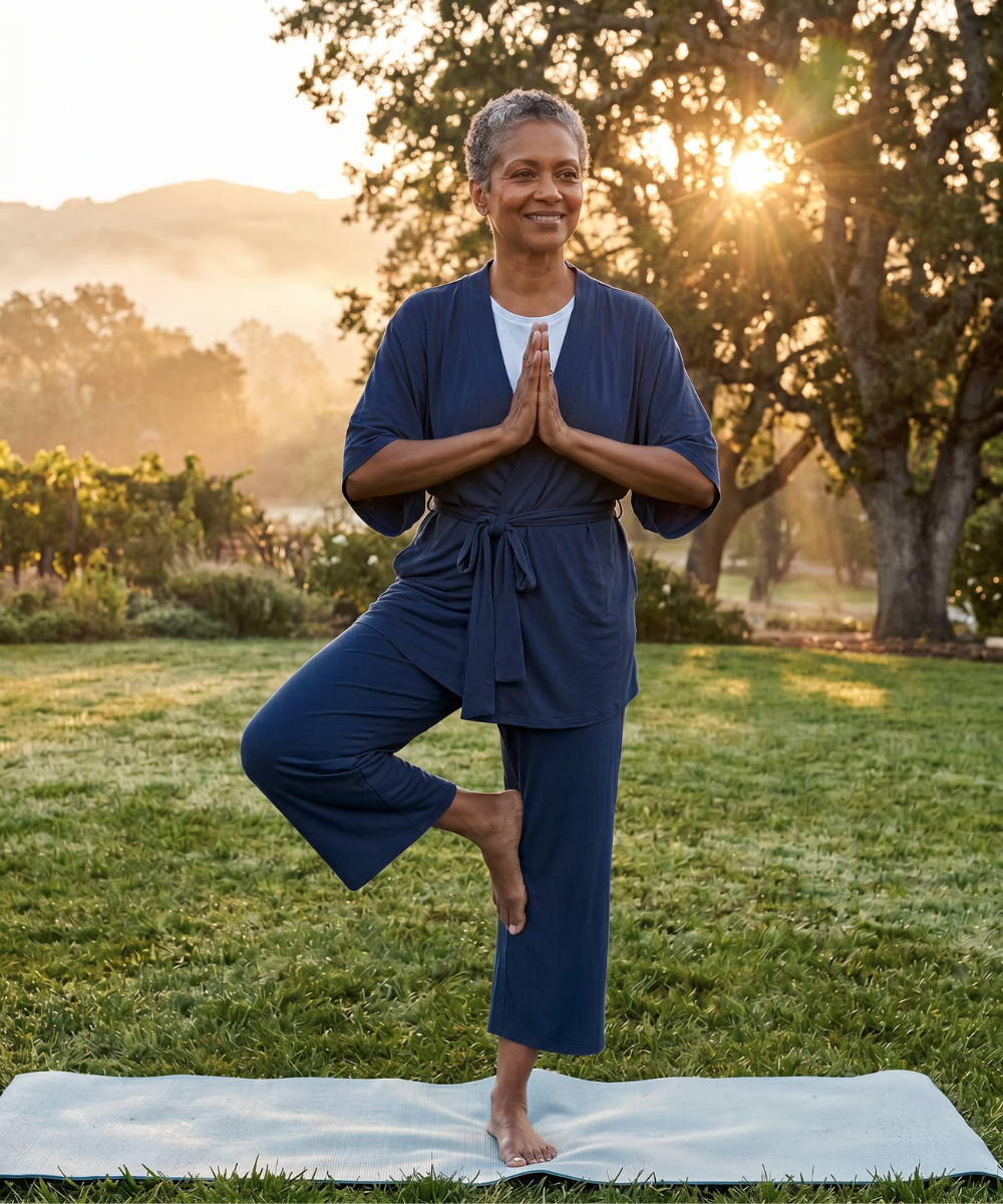 Woman practicing yoga outdoors in a natural setting with trees and sunlight in the navy kickit pajamas set