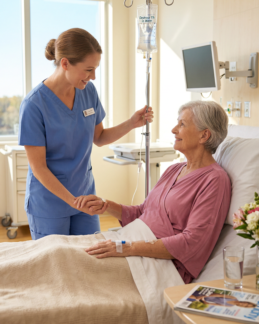 Nurse assisting a patient wearing a pink hospital gown with snap sleeves in a hospital room