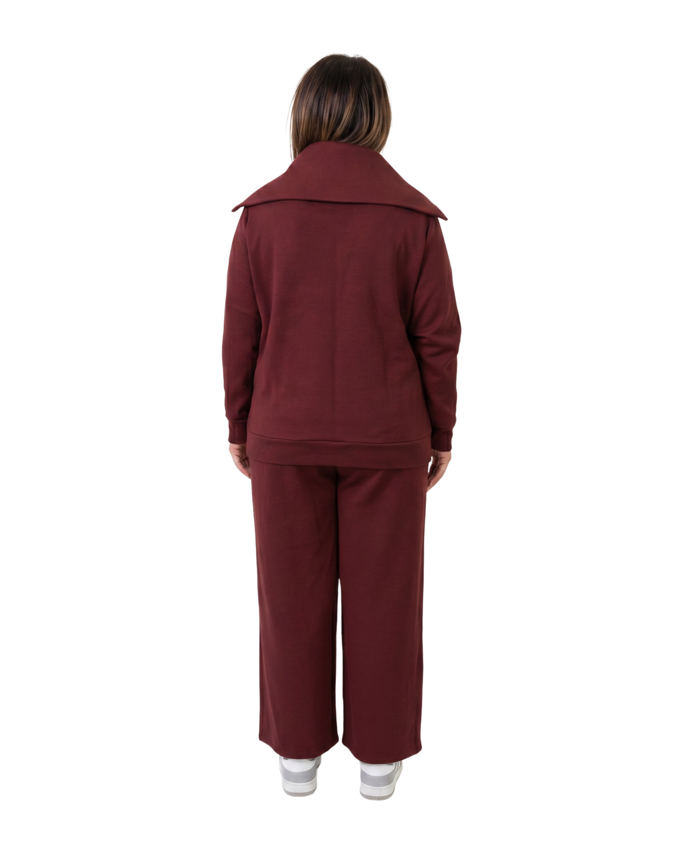 Woman in mulberry red recovery set backside shot