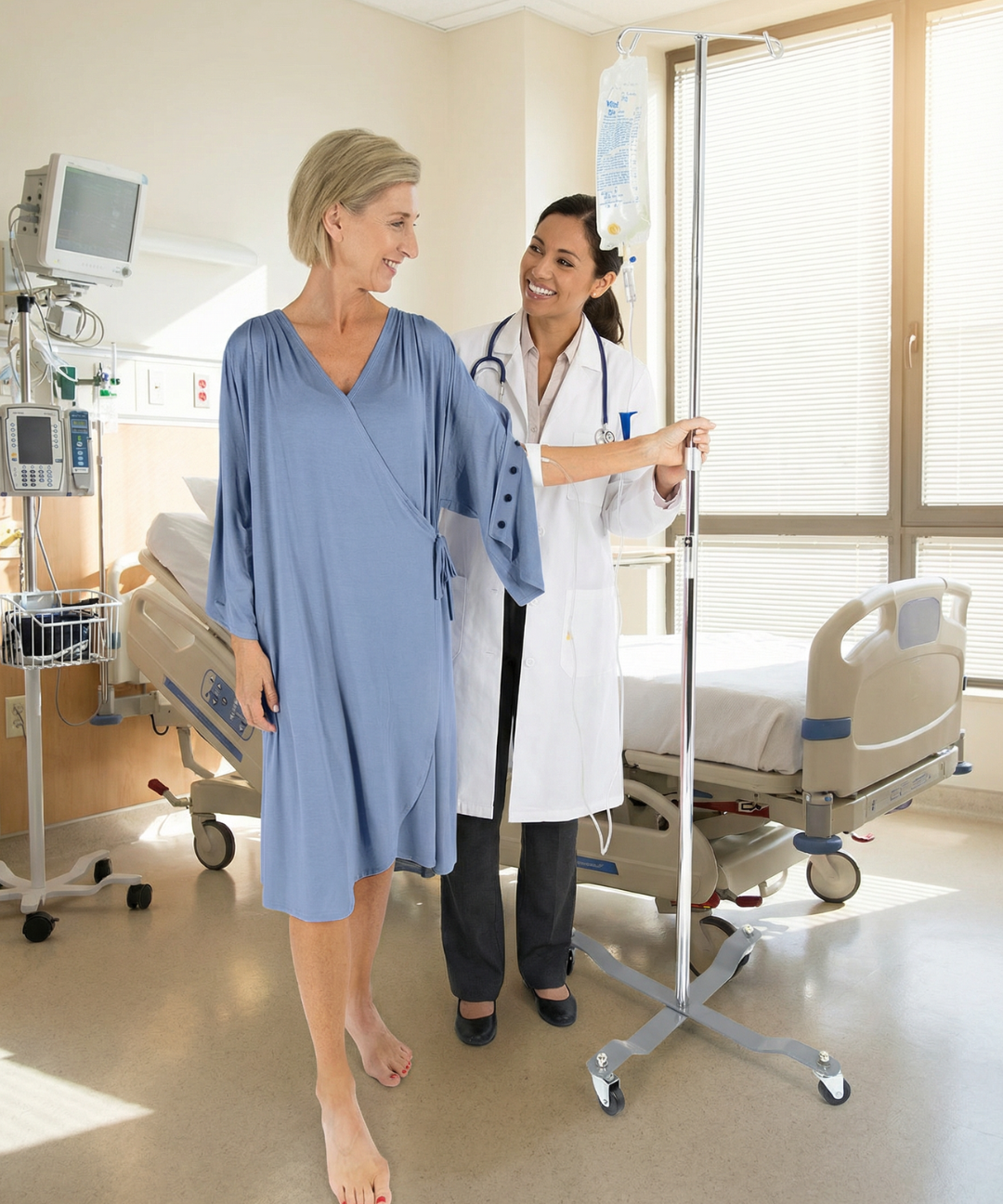 Woman in a hospital gown walking with a doctor in a hospital room.