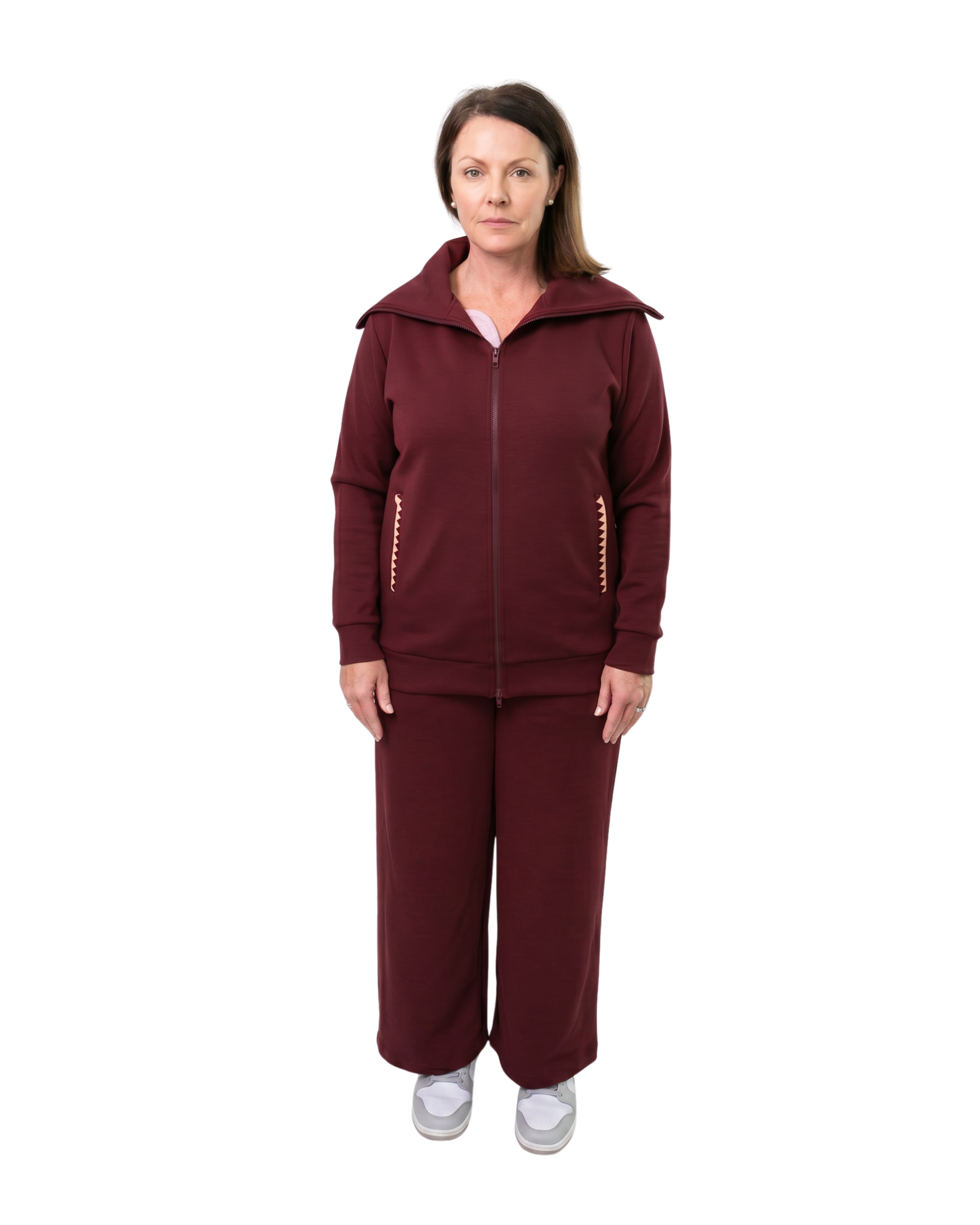 Woman in mulberry red recovery set front shot