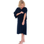Navy Hospital Gown with Snaps Full frontal against white background