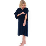 Navy Hospital Gown with Snaps Full frontal against white background