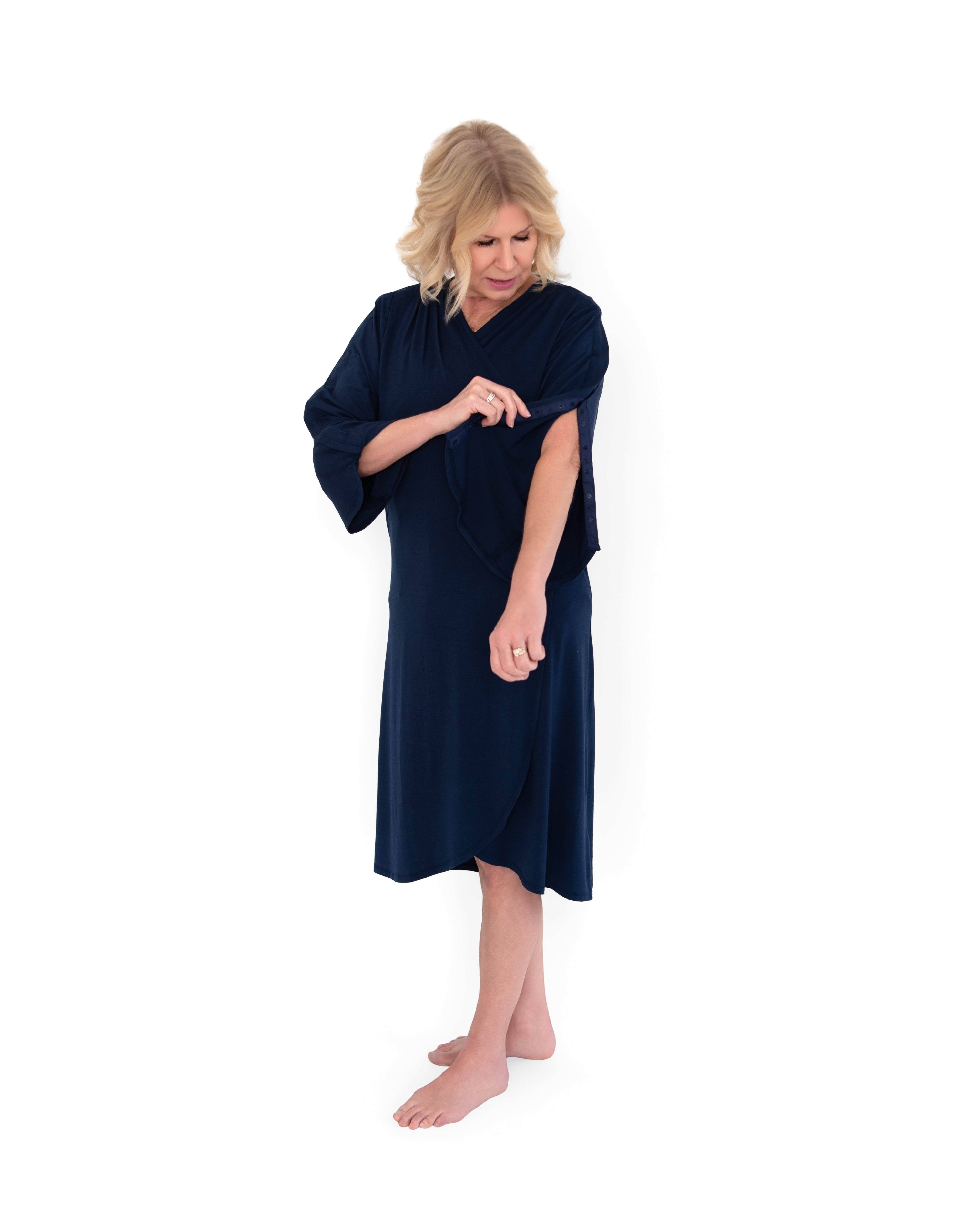 Navy Hospital Gown with Snaps Full frontal against white background