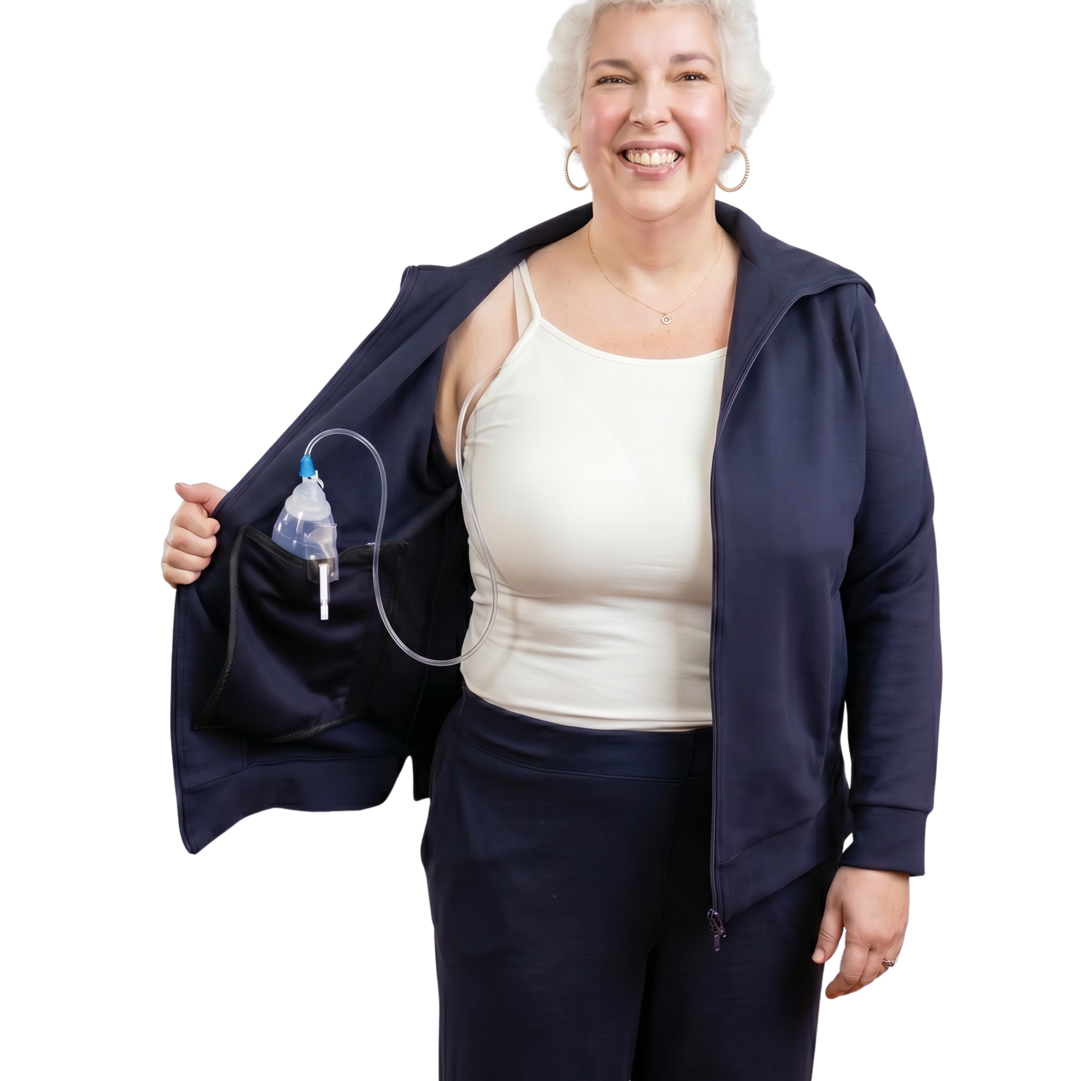 Navy Recovery Set with woman showing off the inside pocket for surgical drains