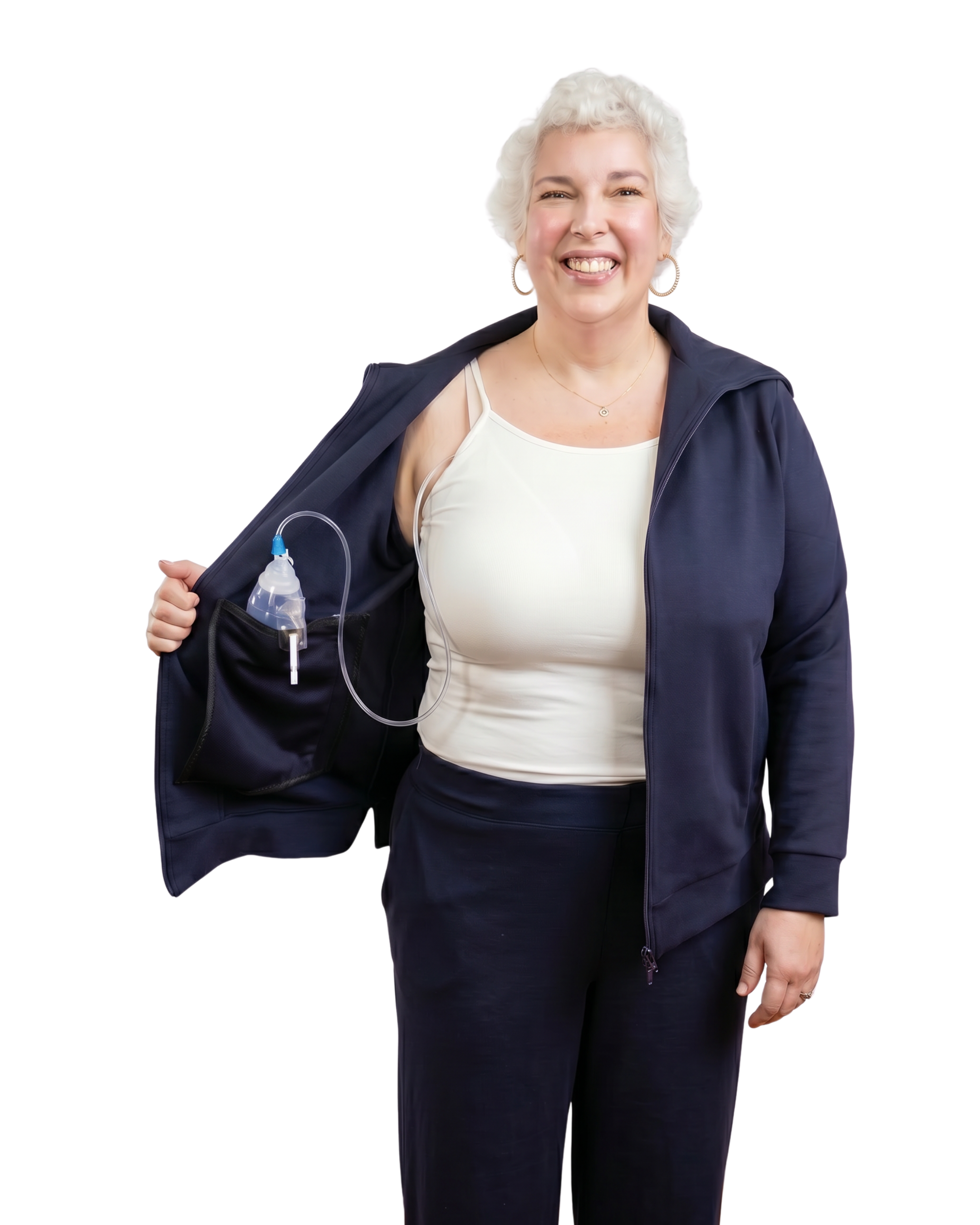 Navy Recovery Set with woman showing off the inside pocket for surgical drains