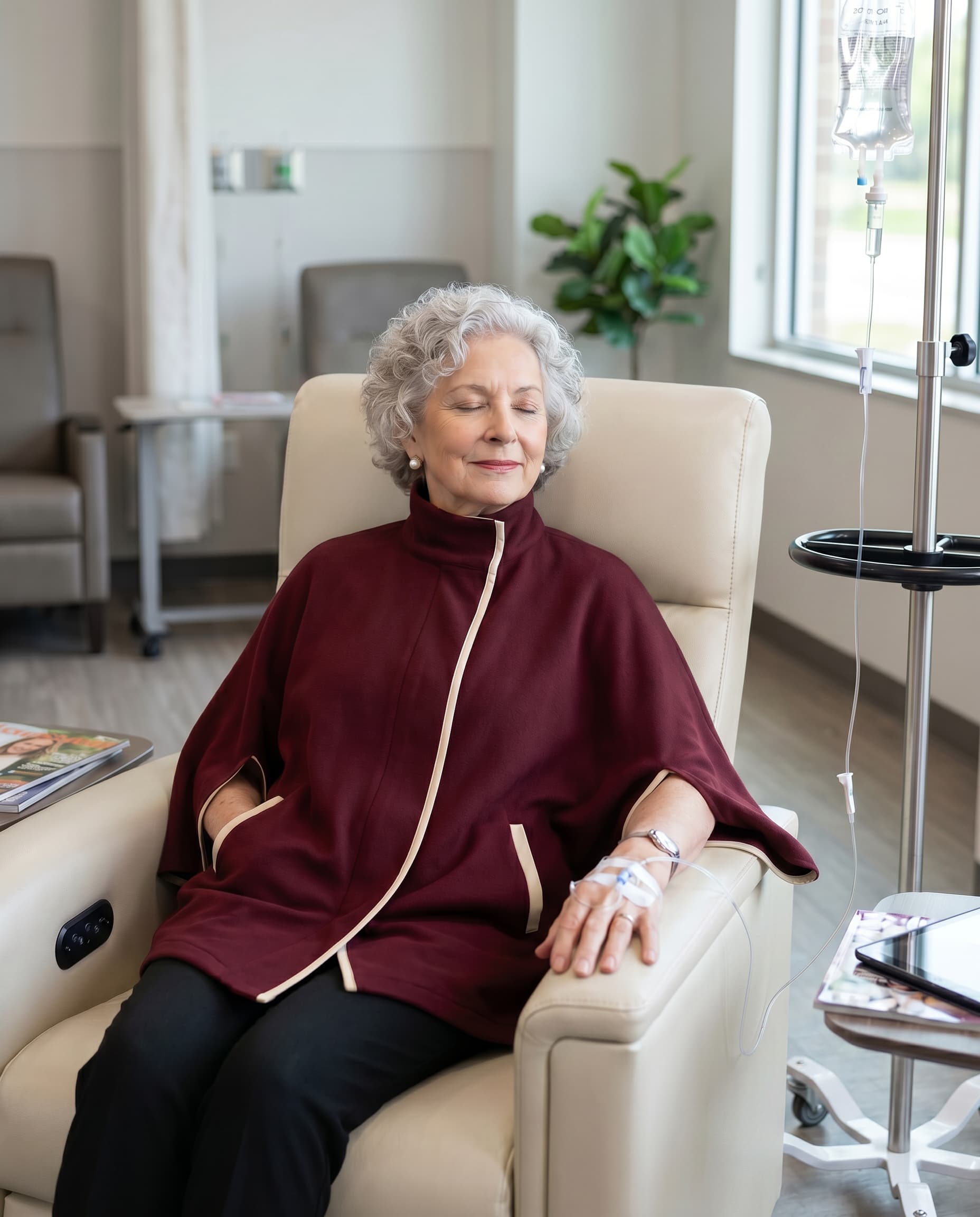 Woman wearing a maroon infusion jacket while attached to an IV pole in a treatment room