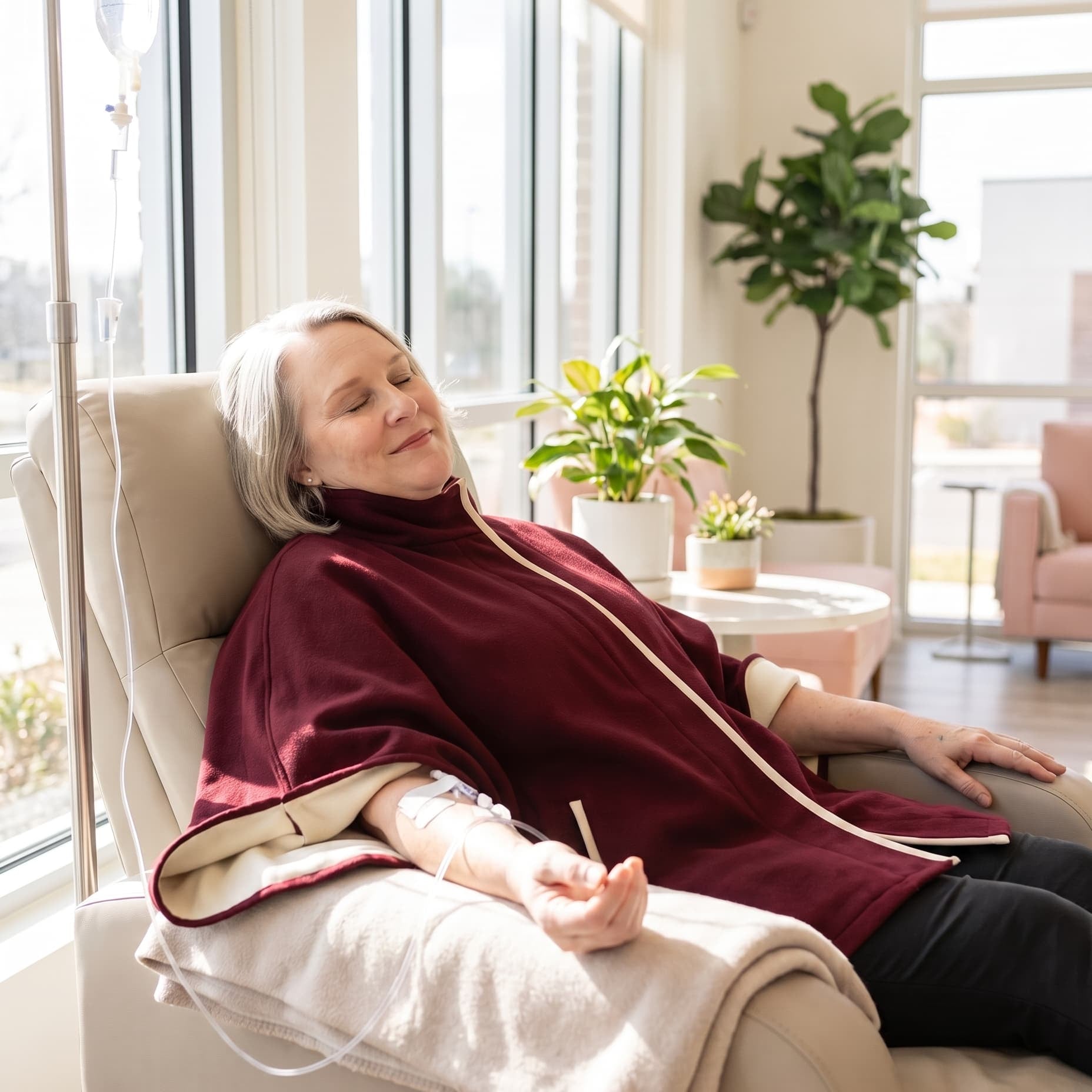 An older woman reclines in a beige treatment chair with an IV line connected to her arm, wearing a burgundy medical infusion jacket in a bright, modern treatment room with large windows and indoor plants.