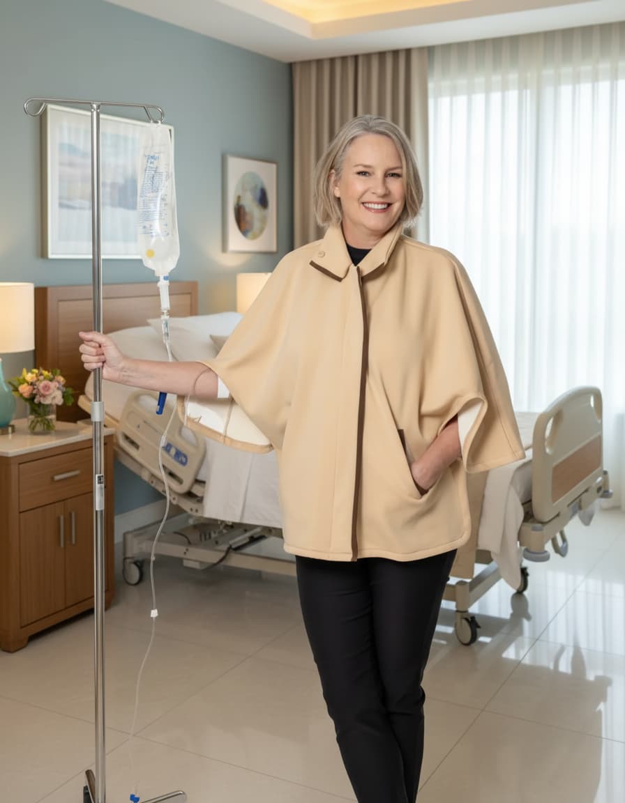 A smiling woman stands in a treatment room wearing a beige cape-style top over black pants, with an IV pole at her side and hospital beds in the background.