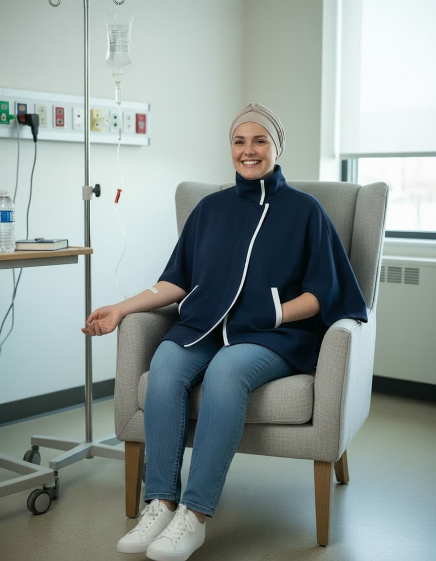 A smiling woman wearing a navy blue medical poncho with white trim, blue jeans, and white sneakers sits in a light gray armchair inside a hospital room. An IV pole and medical wall outlets are visible in the background.