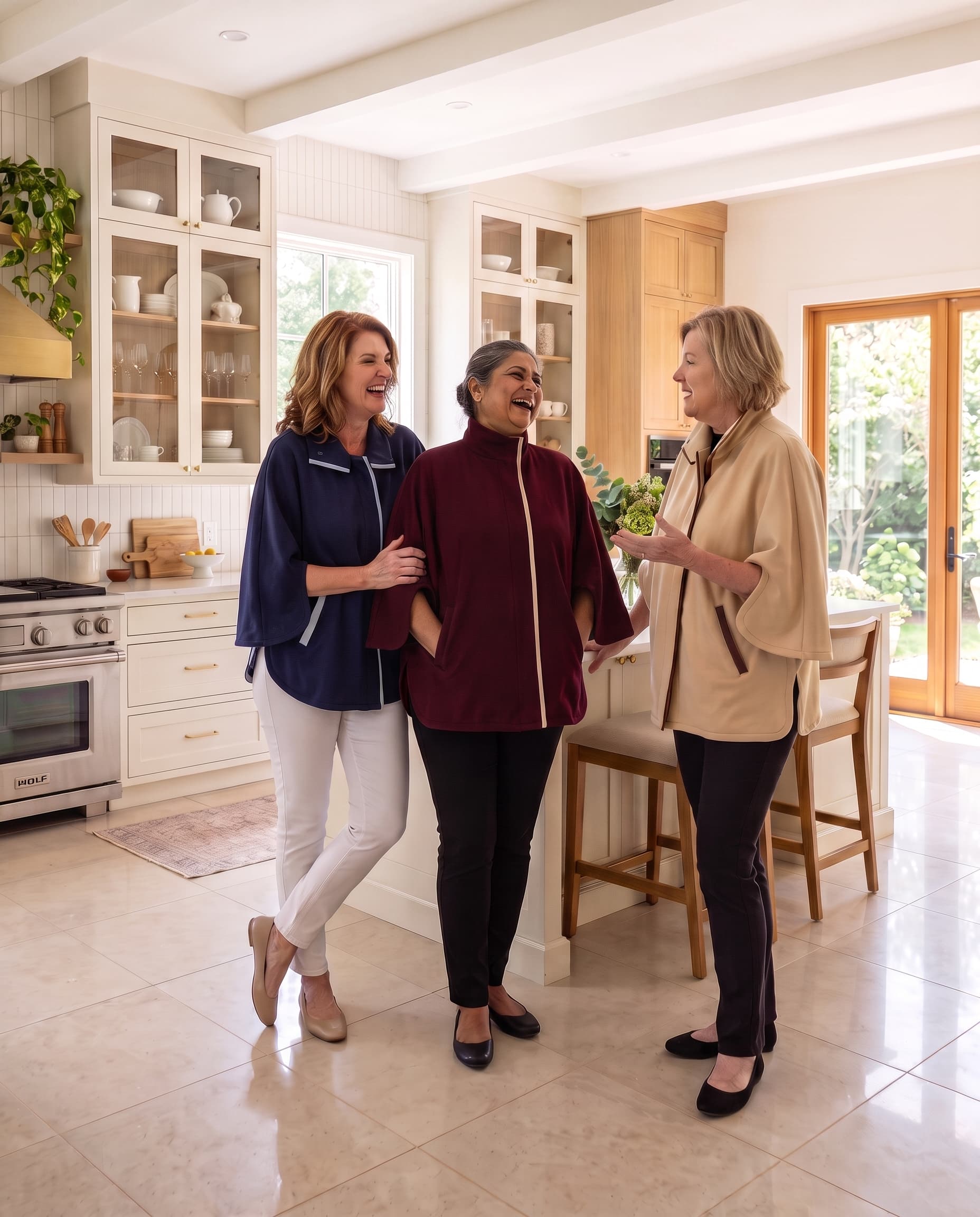 Three women standing and conversing in a bright, modern kitchen all wearing the KickIt Infusion Jacket, one in beige, one in maroon and one in navy. The maroon jacket is zipped up to highlight the turtle neck while the camel and navy are slightly unzipped featuring the collar look.