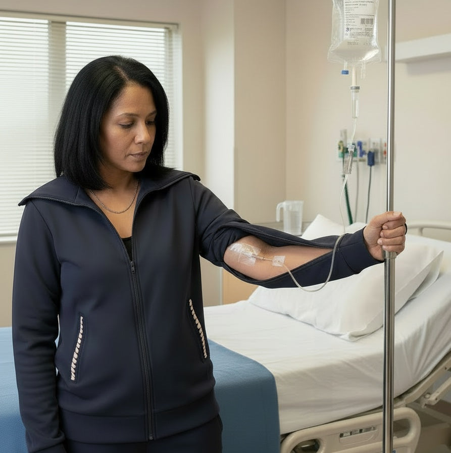 Woman with an IV in a hospital room showing her arm zippers for easy medical access