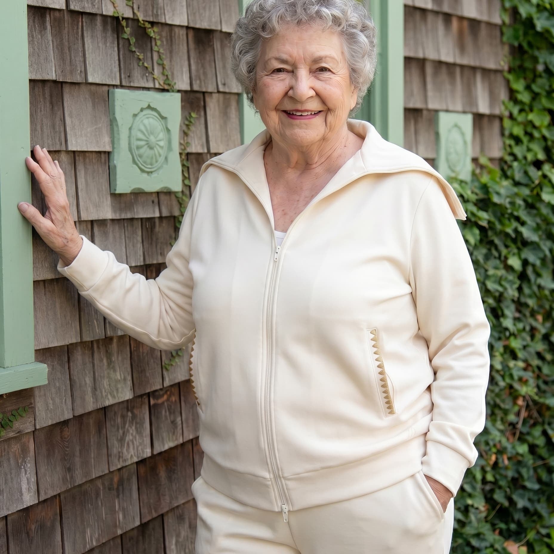 Elderly woman in a recovery set against house paneling 