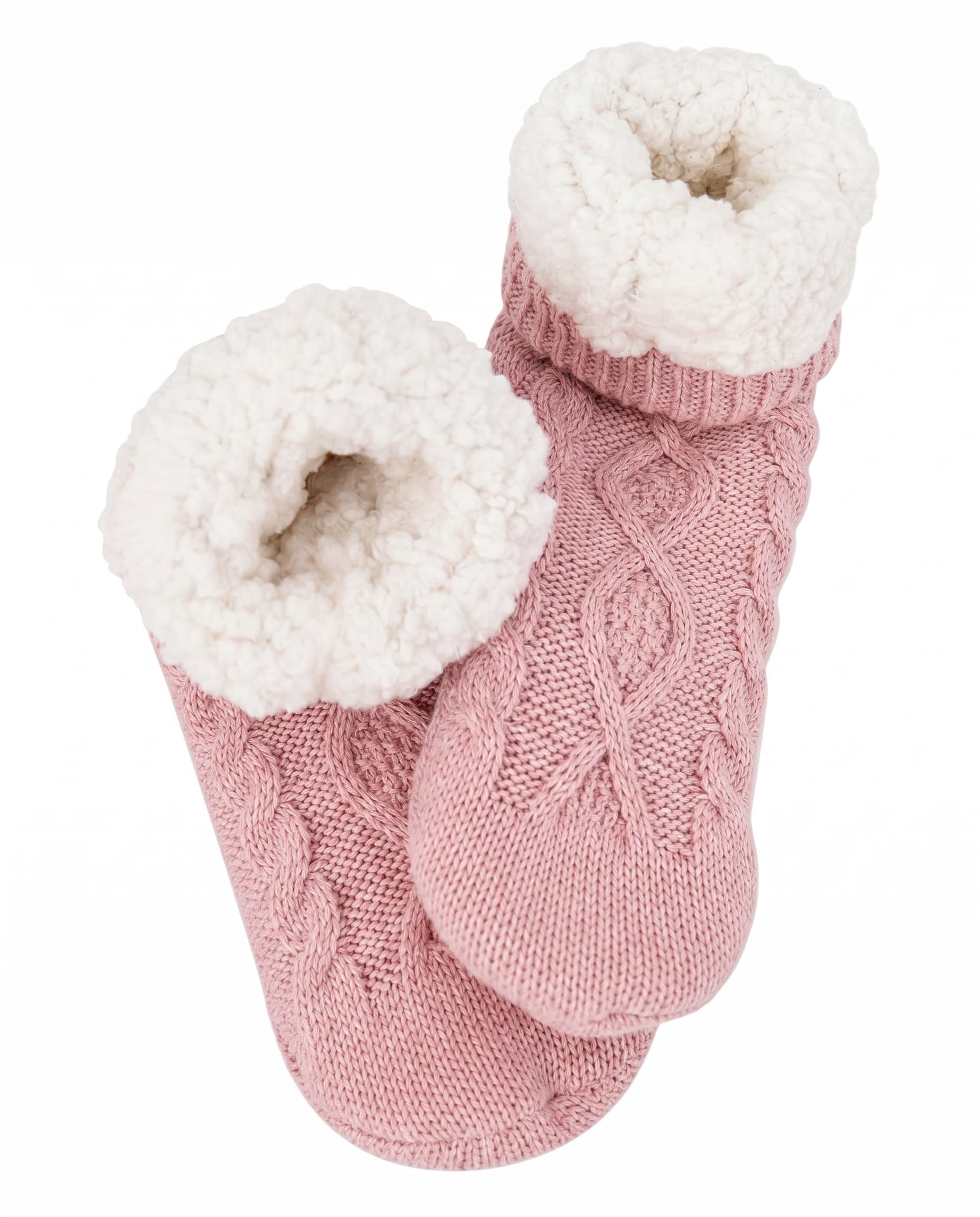Pink cable knit socks with white fleece interior cuffed at the top against a white background
