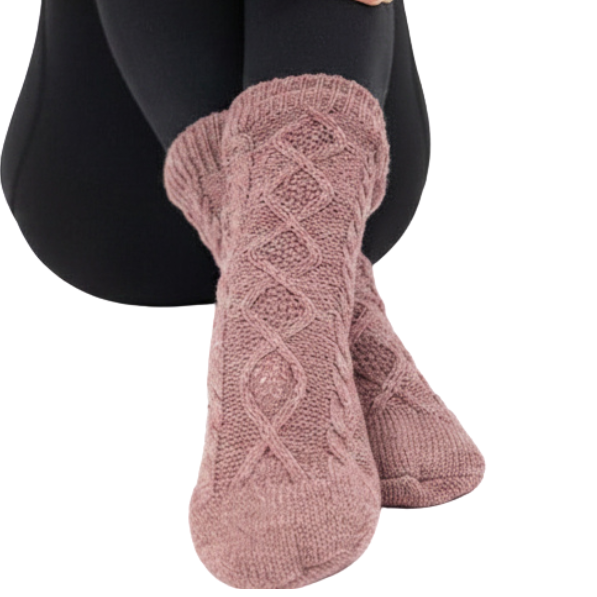 Rose Slipper Socks on Woman wearing Black pants against a white background