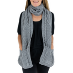 grey cable knit scarf with deep front pockets for hands or accessories
