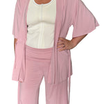 Pink short sleeve mastectomy pajamas open so you can see the mastectomy tank