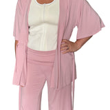 Pink short sleeve mastectomy pajamas open so you can see the mastectomy tank