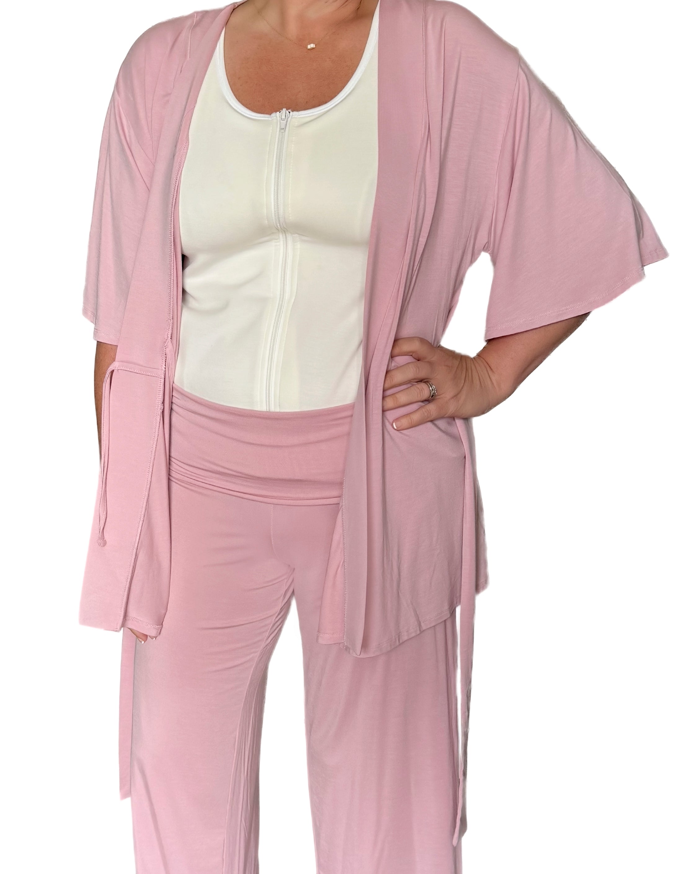 Pink short sleeve mastectomy pajamas open so you can see the mastectomy tank