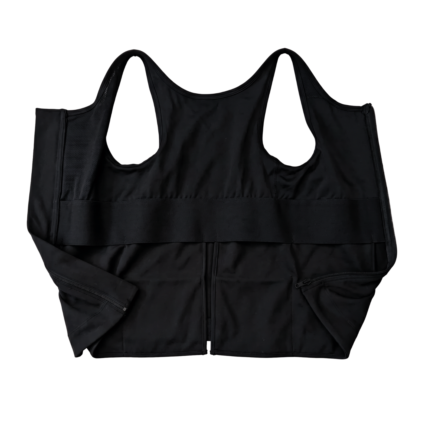 Black post surgery tank top with a front zipper on a white background, fabric close up that highlights adaptive functionality